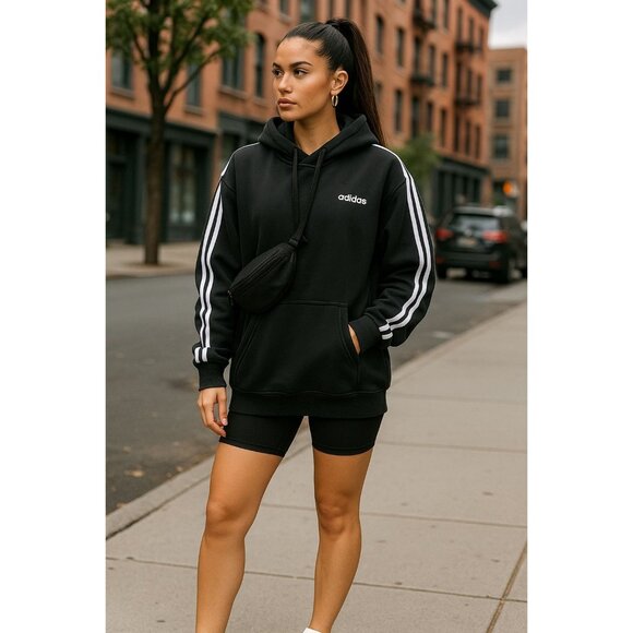 adidas Other - Adidas Black Hoodie White Stripes Kangaroo Pocket Drawstring Size Large Unisex